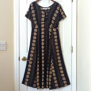Passports of Pier 1 Imports 90s Vintage Bohemian Floral A-Line Midi Dress Navy S